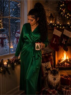 H & M Elegant Green Satin Wrap Dress Sz.4